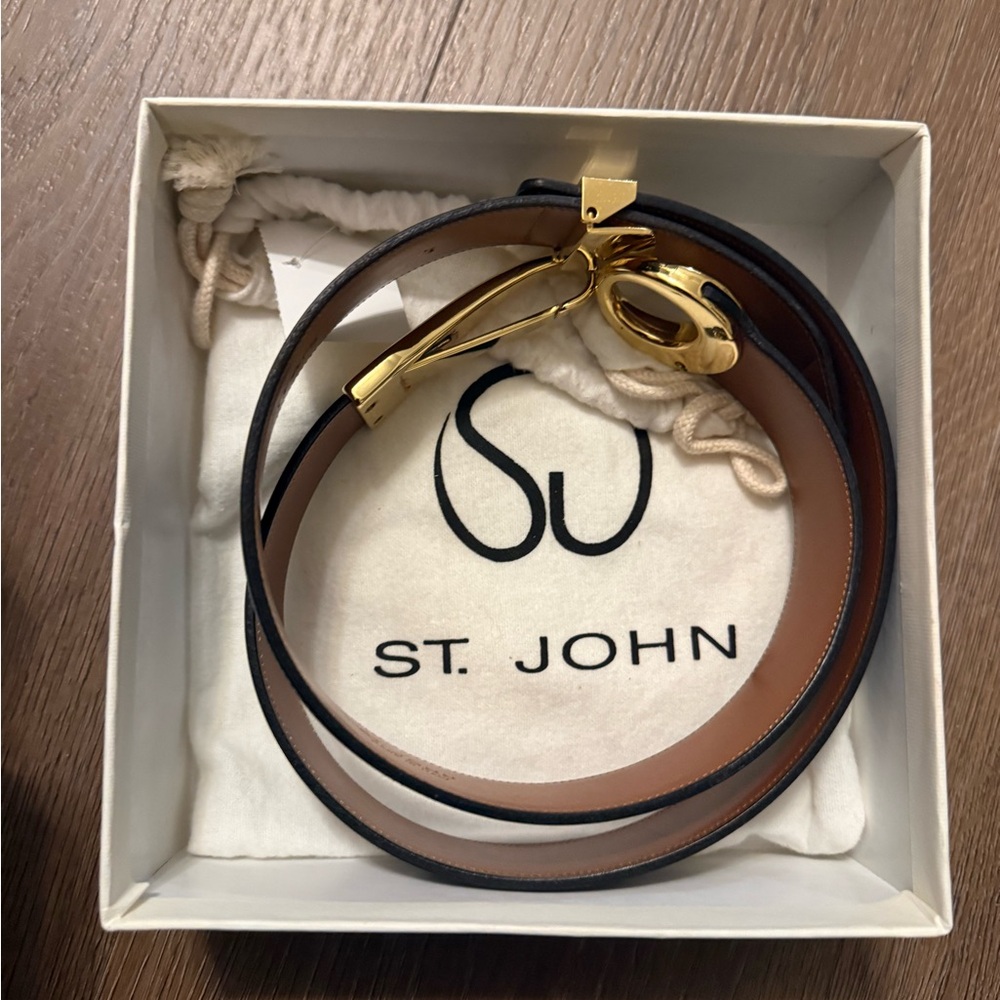 St. John Black and Brown Leather Belt with Gold Buckle